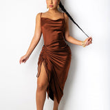 Satin Summer Dress Women Party Sexy Summer 2021 Drawstring Spaghetti Straps Cowl Neck Backless Long