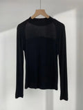 Toloer Show Thin Temperament Mesh Hollow Out Black Bottom Shirt Women's New Slim Half High Collar With Long-Sleeved