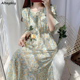 Women Elegant Ins Print Summer Chiffon Preppy Style Sweet Peter Pan Collar Lace-up Lightweight Soft Female Party