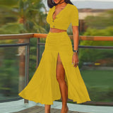 Set With Maxi Skirt Black Split Ladies Suit Crop Tshirt Short Sleeve And High Waist Skirts Summer Loose Casual Fashion