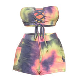 Women's Wear 2023 Summer Fashion Tie-Dye Printed Sexual Lace Shorts Suit-Outfit