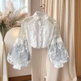 Retro Mesh Lace Blouse Women's Collar Three-Dimensional Embroidered Bubble Sleeve Court Style Slim Shirt