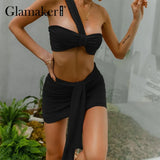 Red knitted 2 piece suits Crop top and skirt lady sets Holiday women fashion sexy bandage elegant pleated dress