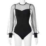 Spring Women Bodysuit O-Neck Slim Elegant Office Lady Beading Black Mesh See Through Sleeve Patchwork Sexy Body