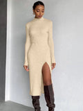 2021 Autumn Winter Turtleneck Ribbed Women Knitted Midi Dress Sexy Bodycon With Pads Basic Long Sleeve Split