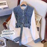 Autumn Casual Denim Patchwork Shirt Women's Clothing Commute Turn-down Collar Stylish Sashes Basic Single-breasted