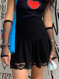 Black Goth Y2K Pleated Skirt Woman Punk Style Dark Academia Aesthetic Fairycore Mini Skirts Lace Edge High Waist