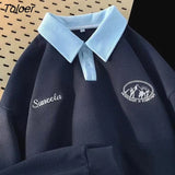 American Vintage Badge Embroidery POLO Shirt Preppy Sweatshirt for Men Waffle Cotton Winter Clothes Harajuku Students