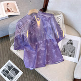 Button-Down Blouse Women 2023 Summer Style Retro Silk Shirt Women's Short-Sleeved Five-Sleeve Shirt-Outfit