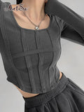 Solid Long Sleeves Bodycon Patchwork Sexy Crop Top 2021 Summer Women Fashion Slit T-Shirts Outfits Underwear