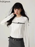 Woman Tshirts 2023 Ropa Mujer Long Sleeve O-neck Crop Tops Shirts for Women Sweet Bow Fashion Vintage Casual T-shirts-Outfit