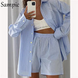 2021 Fashion Long Sleeve Women Tracksuit Blouse Set Casual Striped Shirt Tops And Loose Mini Shorts Two Piece Set