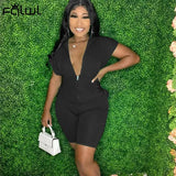 Streetwear Bandage Romper Womens Jumpsuits Short Sleeve Zipper Bodycon Jumpsuit Casual V Neck Black Rompers Playsuits