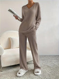 And Winter New Women's Pure Color V-Neck Loose Blouse Casual Straight Trousers Pit Two