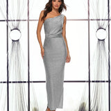 Fashionable Women's Dress New One-Shoulder Bright Silk Elegant Dress Large-Size Solid Color Dress-Outfit