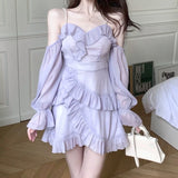 Off Shoulder Kawaii Dress Women Ruffle Patchwork Sweet Party Mini Dress Female Korean Fashion Slim Sexy Fairy Dress