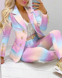 Femme Formal Jacket & Trousers Office Lady Outfits Autumn Women two Pieces set Chain Print Blazer Coat & Pants Suit