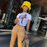 Fashion Print Round Neck Short-Sleeved Temperament Slim Navel T-Shirt Outer