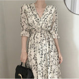 Korea Fashion Clothing Summer Slim Elastic Waist A Line V Neck Elegant Office Lady Floral Chic Chiffon Long Dress
