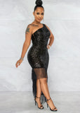 Sexy Sequins Sheer Mesh Patch Straps Slit Cocktail Party
