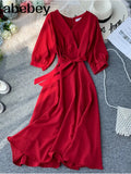 Vintage V Neck Autumn Midi Long Bandage Dress Party Vestido De Festa Evening Women Casual High Waist Elegant A-Line