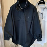 Autumn Stand Collar Blouse Commute Korean Loose Female Clothing Stylish Button Drawstring Basic Casual Long Sleeve