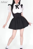 Skirt Suit Korean Two Piece Set for Women Ruffles White Puff Sleeve Shirt Tunic Bandgae Strap Skirts Outfits Y2k