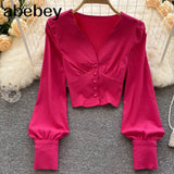 New Spring Shirts Women Elegant Vintage Solid Long Sleeves Slim Tops Fashion Button Sexy Streetwear Short