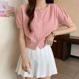 Kong Flavor Retro Round-Neck Short-Sleeved Knitted Shirt Girls Summer Thin Design Slim Short Thin Open Shirt Top