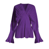 Causal Blouses For Female V Neck Flare Long Sleeve High Wiast Pleated Women Shirts Clothes Fashion 2022 Spring