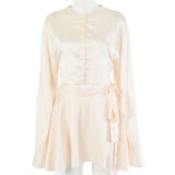 Graduation party gift New Summer White Dress Casual Satin Two-piece Set Ladies O-neck Button Top Bandage Pencil Skirt Costume Fashion Party