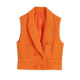 Women Fashion Front Buttons Tweed Cropped Waistcoat And High Waist Ruffled Hem Mini Skirts Female Two Pieces Sets