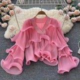 Spring Autumn Women Irregular Ruffle Draped Tops Female Elegant V-Neck Flare Long Sleeve Short Tops Vintage Blouse New Blusas 618-1-Outfit