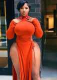 Plus Size Sexy High-Neck Long Sleeve Wasit Tie Slit Long