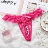 Women Pearl Crotch Open Lace Thong Slim Transparent Lingerie G-String Solid Color Girl Temptation Massage Underwear
