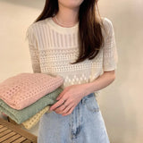 Version Of Chic Summer Sweet Round Collar Hooded T-Shirt Design Hollow Flowers Thin Knitted Shirt