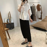 Women O-neck Short Sleeve Pockets Asymmetrical Loose Solid Simple All-match Korean Style Daily Ladies A-line Female