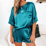 Womens Silk Satin Pajamas Pyjamas Set Short Sleeve Sleepwear Pajamas Suit Female Sleep Two Piece Set Loungewear Home