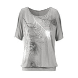Women Feather Printed T-shirts O- neck Strapless Shirts Off Shoulder Short-sleeved T-shirt Loose
