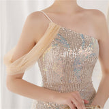 Sequin One Shoulder Slit Long Evening