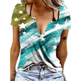 V Neck Tee Shirt Women Summer Star Printed T-Shirts Short Sleeve Loose Casual Tops Fashion Pullover Vintage