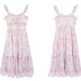 Floral Pink Dress Women Print Fairy Midi Dresses Female Holiday High Street Designer Chic Korean Fashion Strap Dress