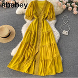 Women Elegant French Dress Sweet Puff Sleeve V Neck Single Breasted A-line Dresses Summer Casual Streetwear Midi Dress