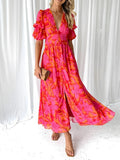 Fashion Print Bubble Sleeve Deep V-Neck Open Fork Sexy Lady Long