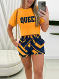 Women's Round-Neck Print Short Sleeve Two-Sleeve Collared Shorts