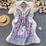 Flower Print Pleated Shirt Dress Turn Down Collar Long Sleeve A Line Midi Dress Spring Autumn Women's Clothing