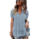 Solid Blouses For Women Fashion V Neck Plus Size Elegant Casual Shirts Tops Ladies Loose Short Sleeve Chiffon Blouse