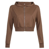 SUCHCUTE Autumn Fashion Women Cropped Sweatshirts 90s Longslive Female Streetwear Brown Aesthetics Zip Up Hoodies