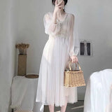 Waist V-Neck 2021 Fashion Spring Puff Sleeve Dresses Lace Mesh A-Line Elegant Button White Dress Women Vestidos 8126