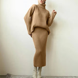 Elegant Knitted Sets Women 2021 New Casual Two Pieces Turtle Neck Sweater and Midi Skirt Female Warm Suits with